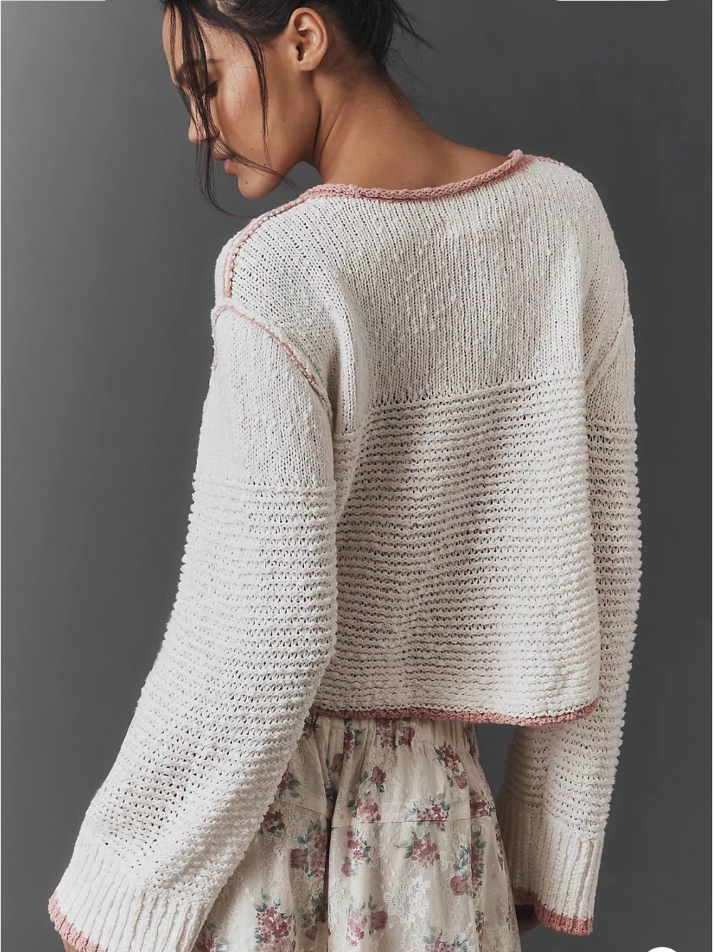 Pilcro Cream Cropped Boatneck Sweater with Pink Trim - Picture 4 of 5